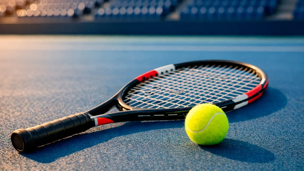 Tennisschläger und Ball auf einem Hartplatz mit Blick auf ein leeres Tennisstadion im Sonnenlicht