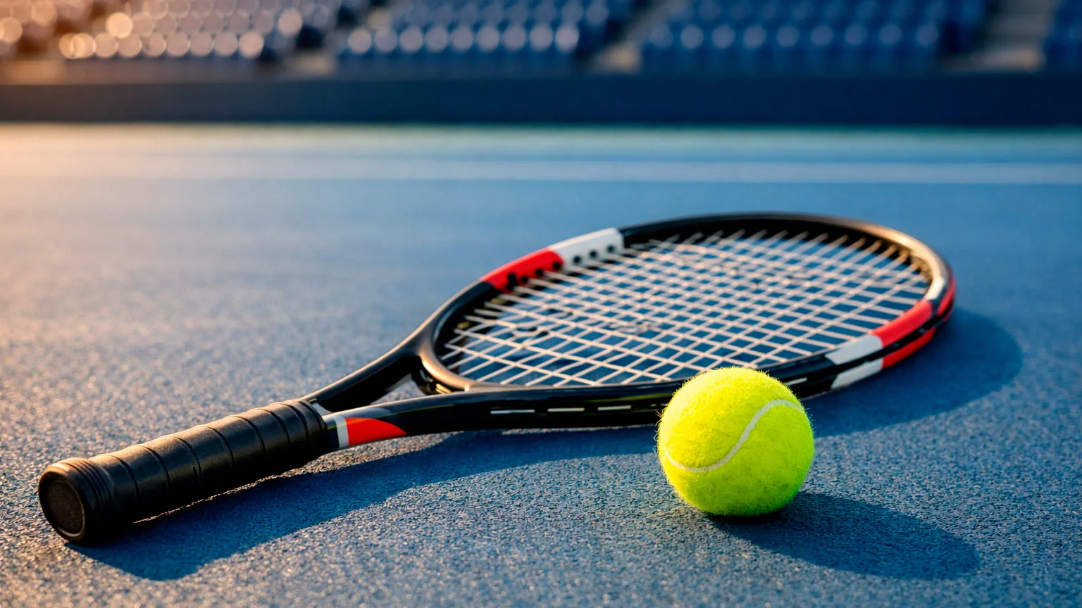 Tennisschläger und Ball auf einem Hartplatz mit Blick auf ein leeres Tennisstadion im Sonnenlicht