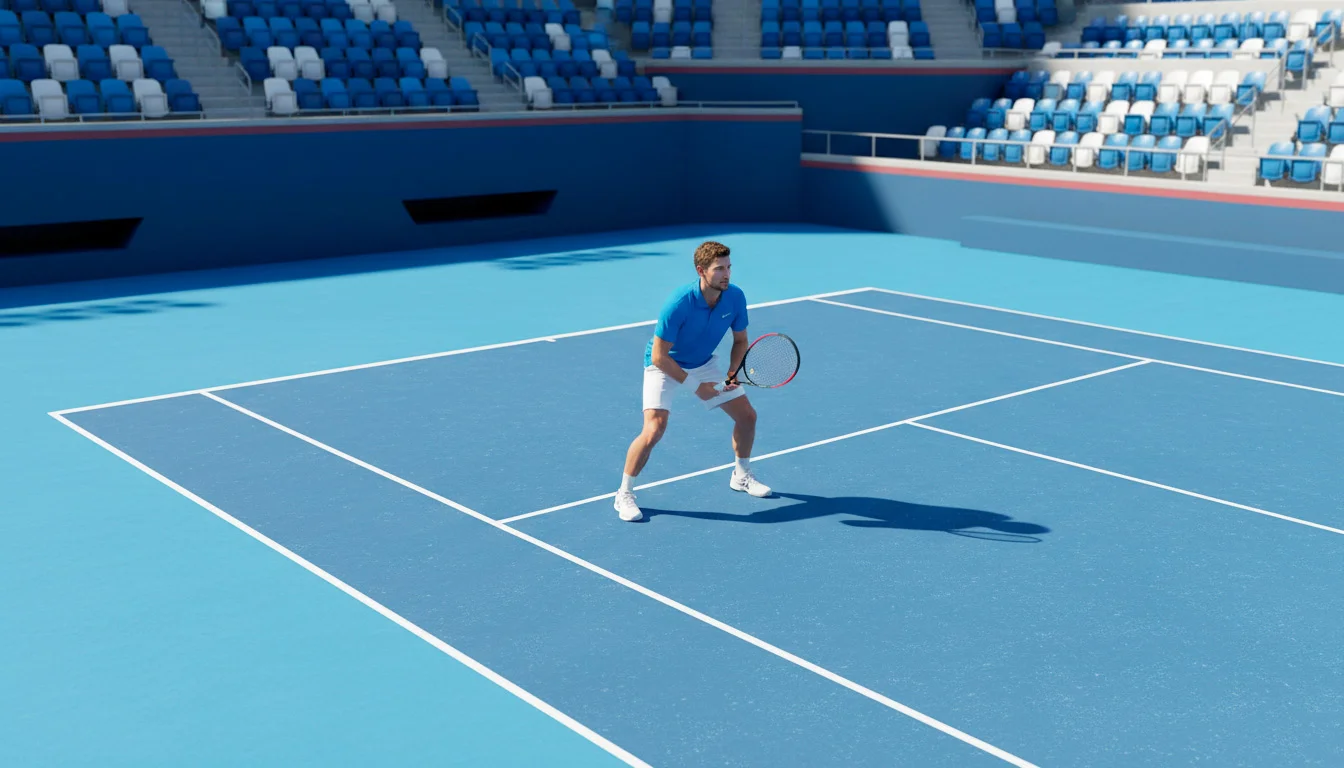 Tennisplatz aus der Vogelperspektive mit strategischen Linien und einem einzelnen Spieler