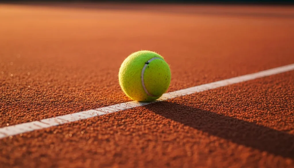 Nahaufnahme eines Tennisballs auf der Grundlinie eines Sandplatzes im warmen Abendlicht
