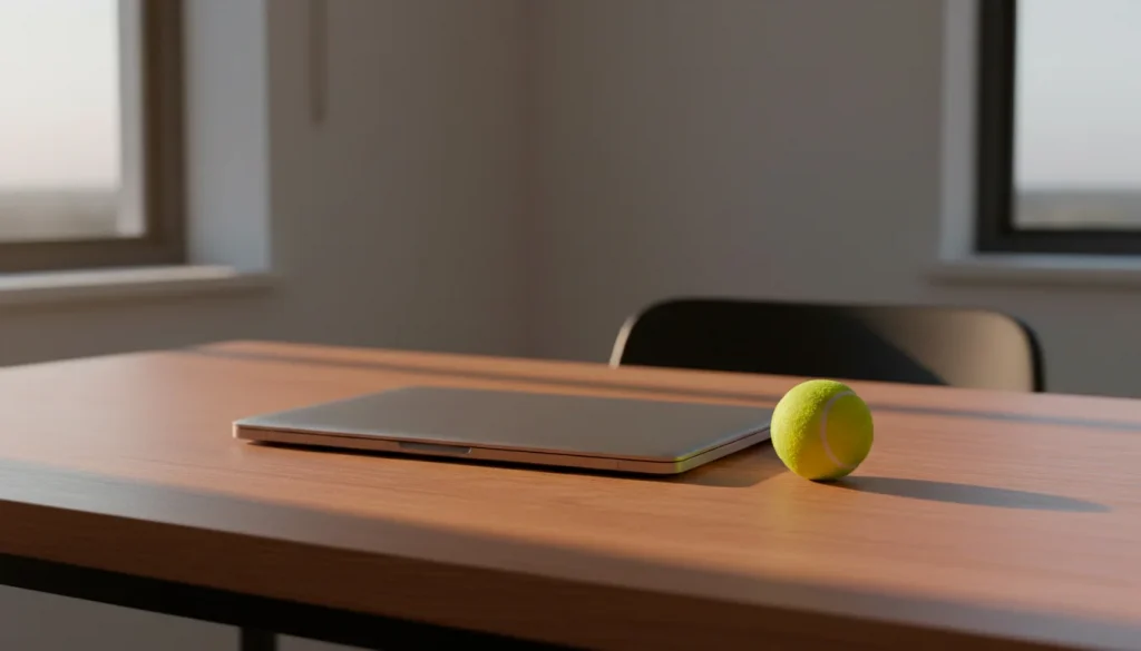 Ruhige Szene mit einem geschlossenen Laptop und einem Tennisball auf einem Schreibtisch im Abendlicht